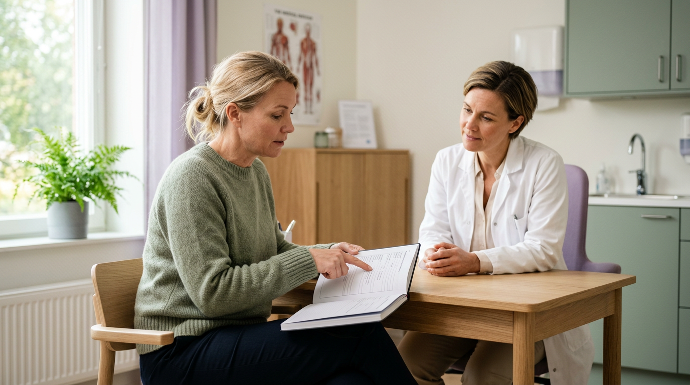 Kvinna i samtal med läkare, håller ett smärtformulär i handen i ett ljust väntrum