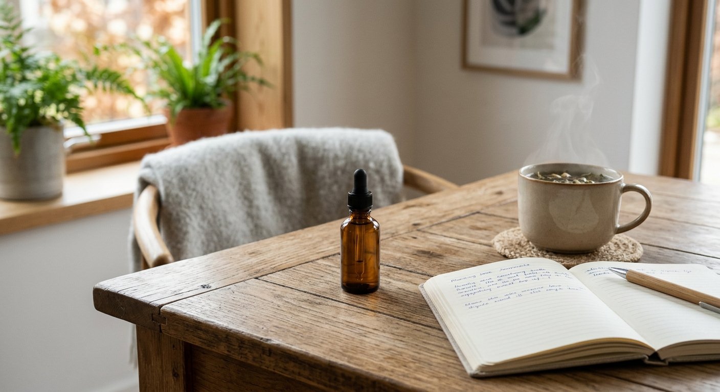 Liten bärnstensfärgad glasflaska med droppare på ett träbord i mjukt nordiskt morgonljus, bredvid en öppen dagbok och en kopp örtté