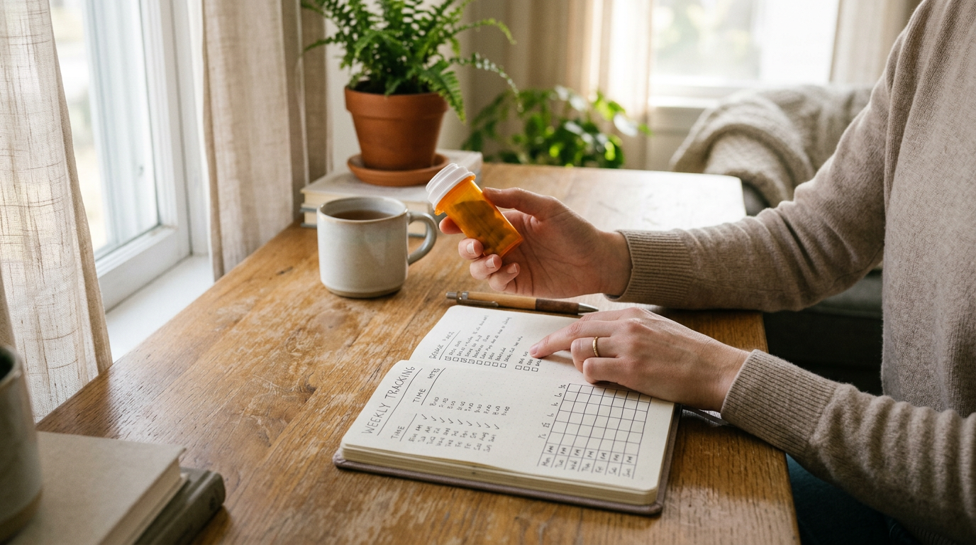 Närbild på medicinska tabletter och ett anteckningsblock för att dokumentera behandlingseffekt