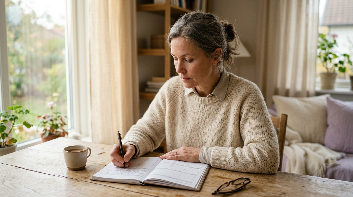 Kvinna med fibromyalgi skriver i smärtdagbok vid fönster med mjukt morgonljus