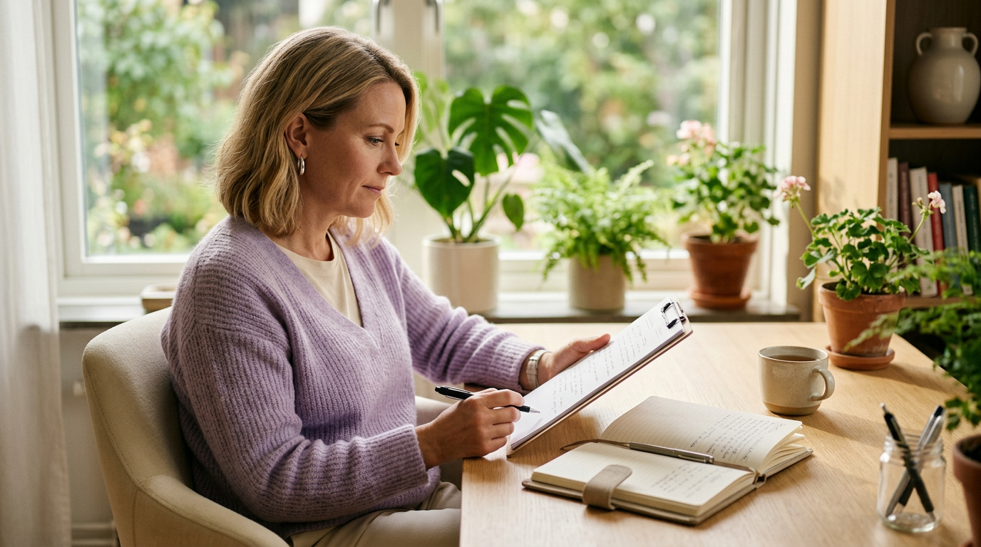 Kvinna förbereder sig inför läkarbesök med smärtdagbok och checklista på skrivbord