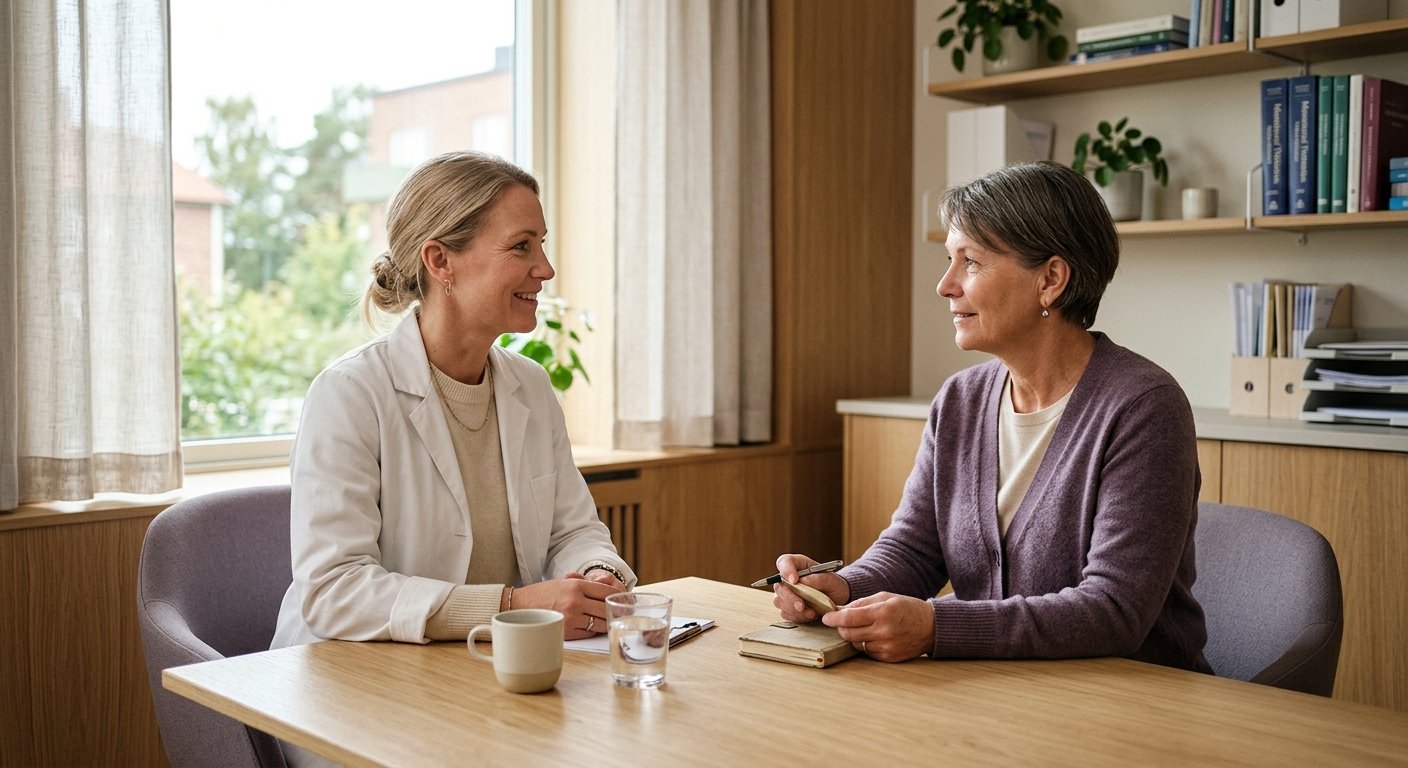 Sjukvårdsmöte med läkare och patient som diskuterar smärtbehandling
