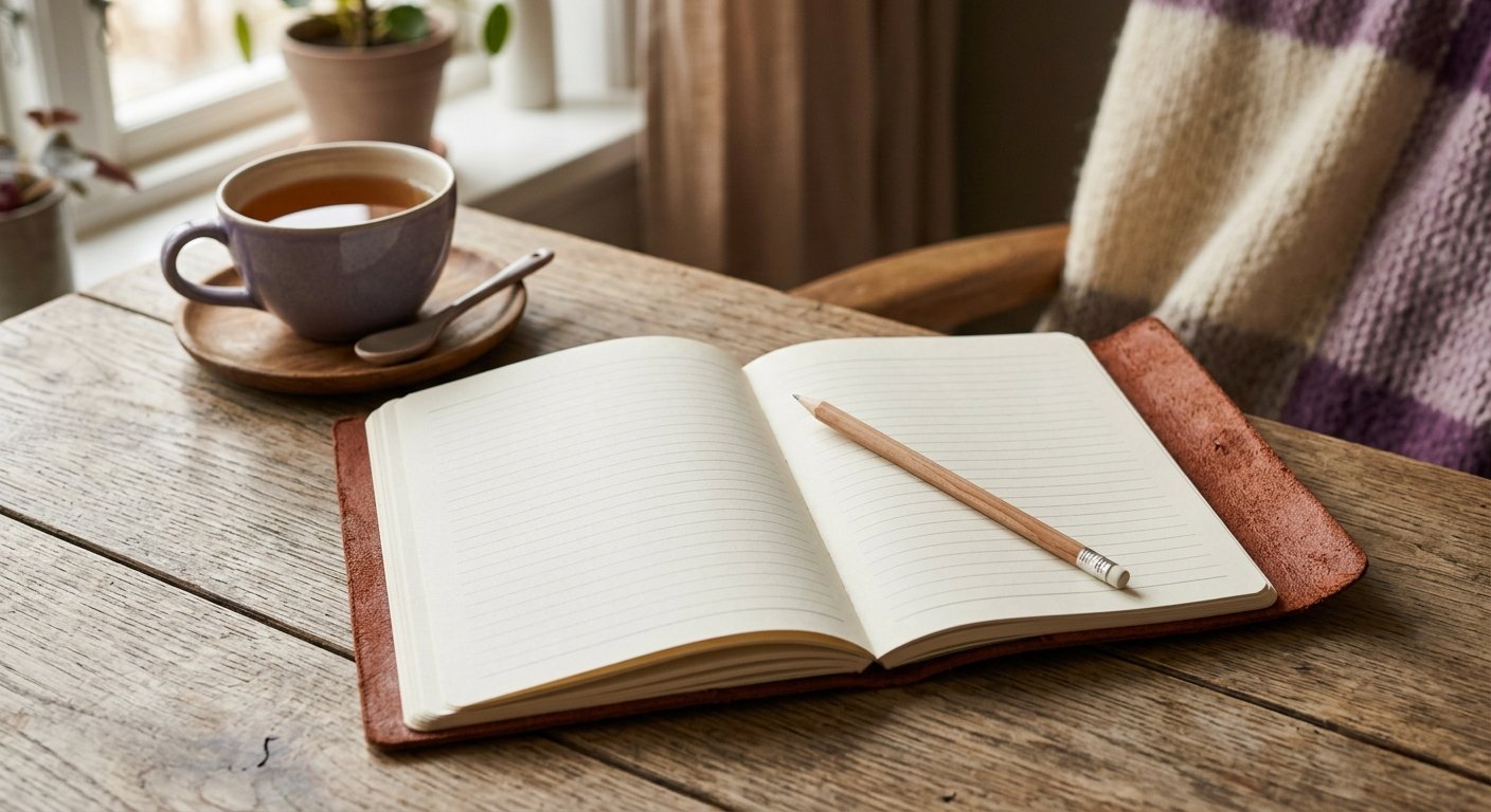 Öppen smärtdagbok på ett bord med en kopp te, mjukt nordiskt ljus