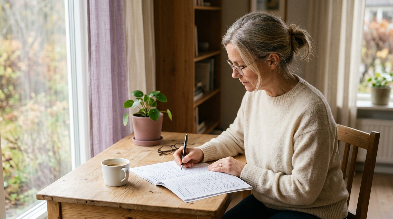 Kvinna skriver i strukturerad smärtdagbok vid fönster med morgonljus