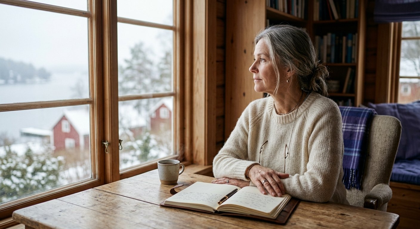 Person sitter vid fönster med händerna i knäet, mjukt nordiskt ljus, lugn och reflekterande stämning