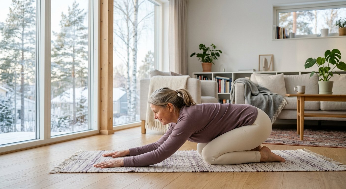 Kvinna utför försiktiga stretching-övningar på en yogamatta i ett ljust skandinaviskt hem