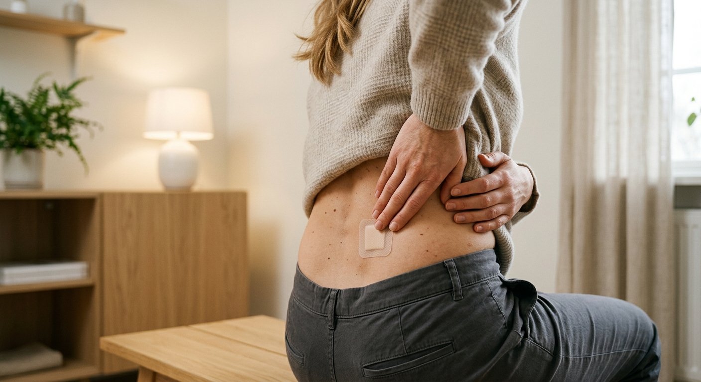 Naerbild av haender som forsiktigt applicerar ett smaart medicinskt plaaster paa underarmen, mjukt nordiskt ljus, klinisk men lugn atmosfaer