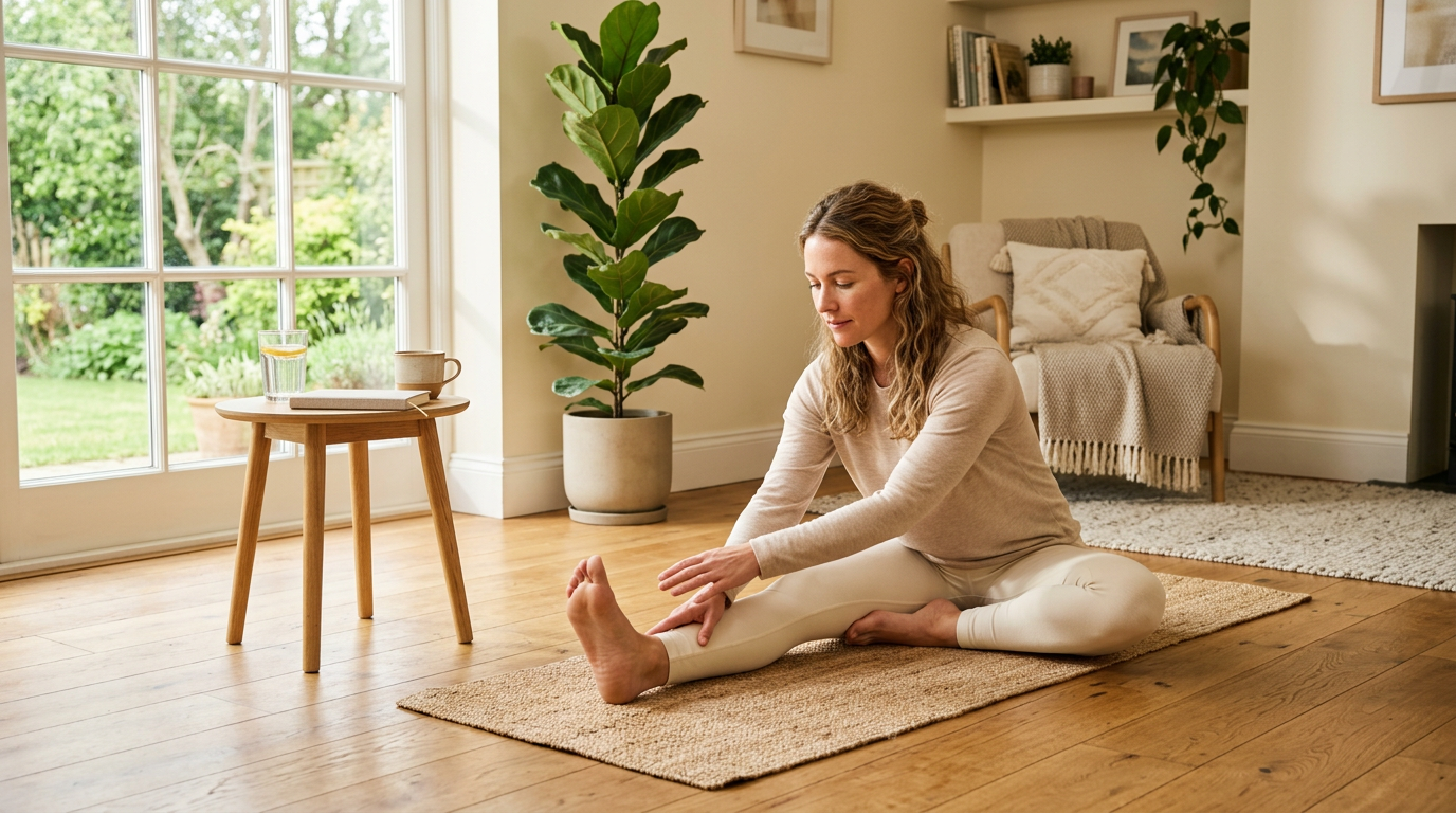 Person som gör stretching hemma som smärtlindring utan medicin