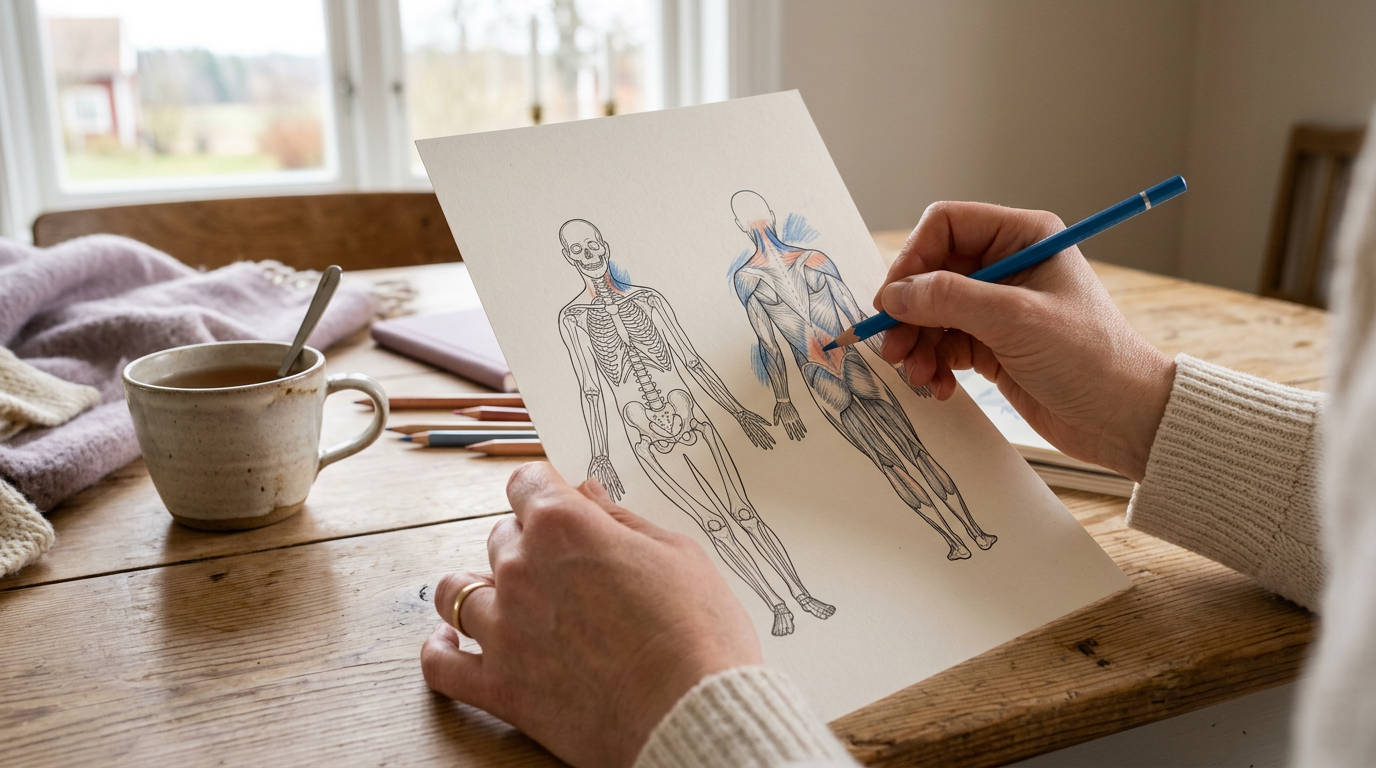 Person som markerar smärtpunkter på en anatomisk kroppskarta