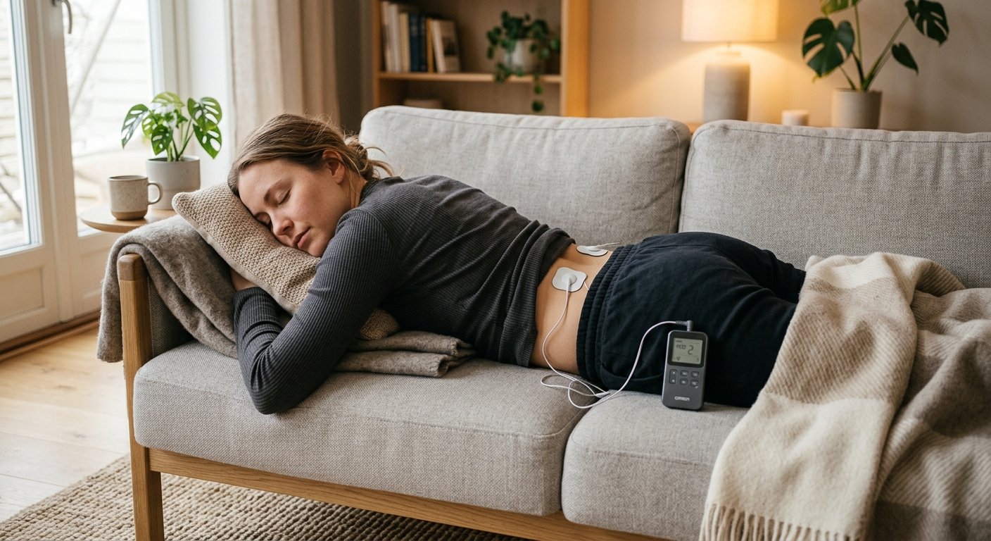 Person ligger bekvämt i en soffa med elektrodplattor fästa på ryggen, anslutna till en liten TENS-enhet, mjukt nordiskt vardagsrumsljus
