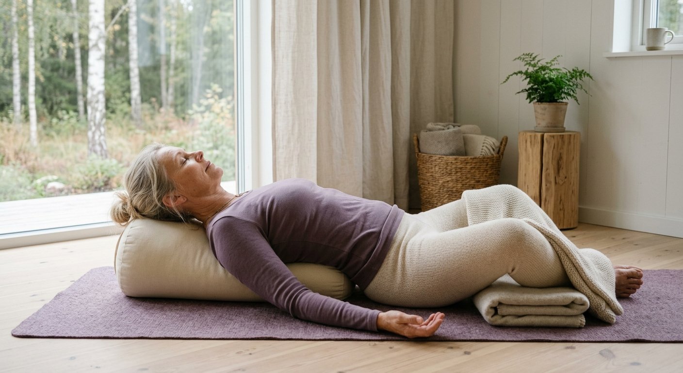 Kvinna i restorativ yogaposition på en yogamatta i ett lugnt skandinaviskt rum med mjukt naturligt ljus