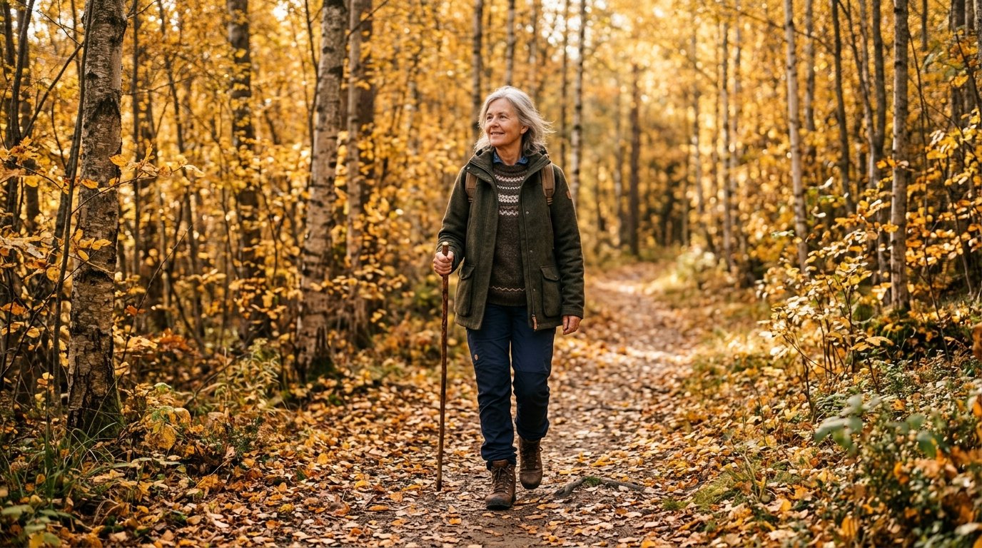 Äldre kvinna promenerar i en ljus skandinavisk skog, lugn och fokuserad, höst