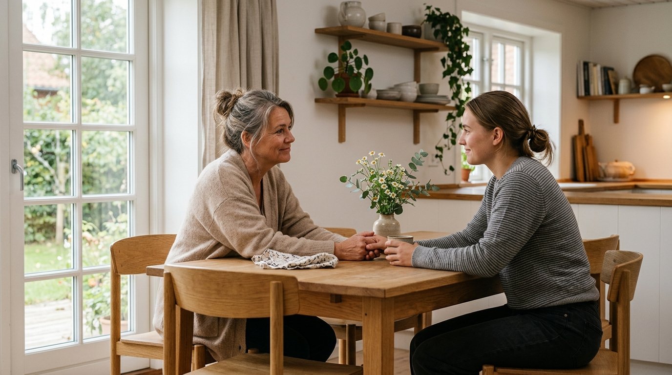 Två personer sitter tillsammans vid ett bord, en håller den andres hand i ett lugnt, stödjande ögonblick