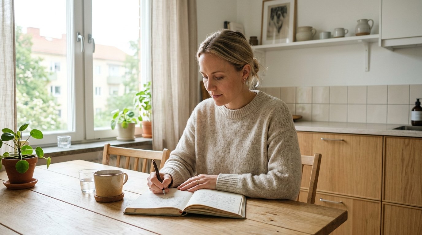 Kvinna som sitter vid ett skrivbord och skriver i en smärtdagbok