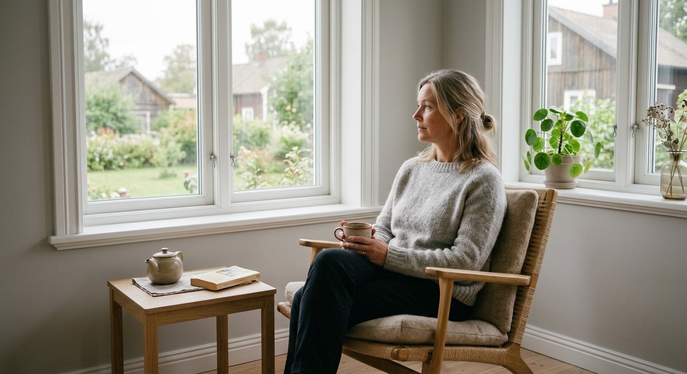Kvinna som sitter vid ett foenster med en kopp te och ser tankfull ut, symboliserar livet med fibromyalgi och kronisk smarta