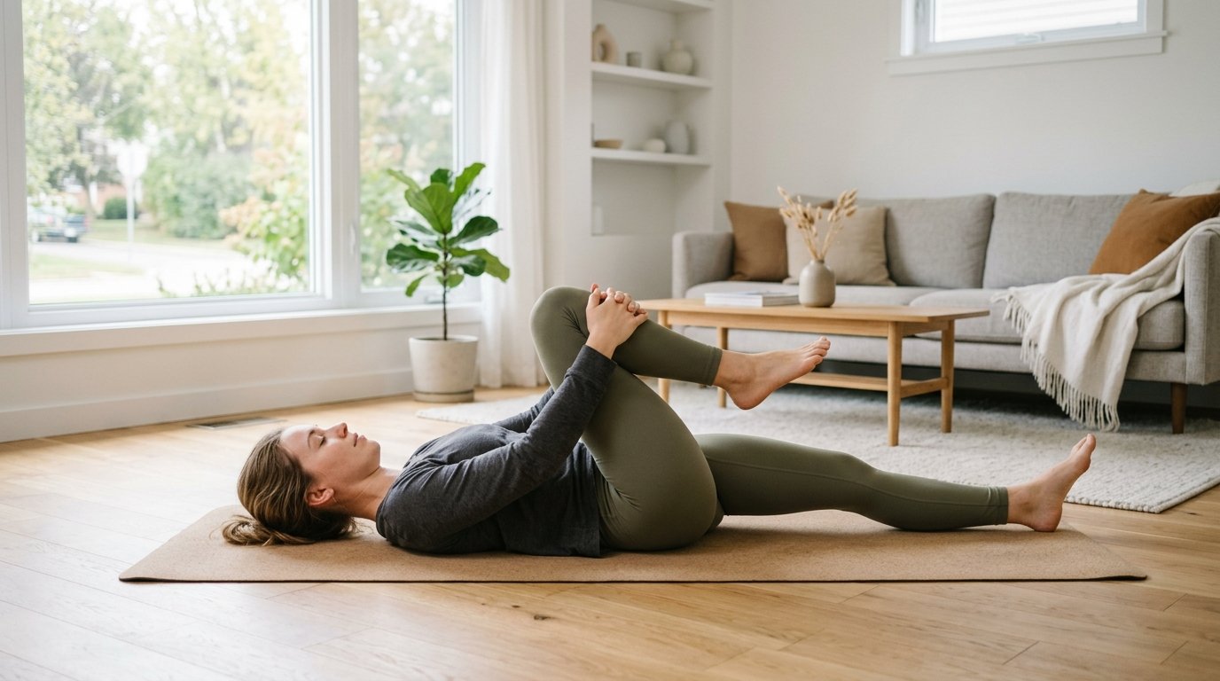 Person som gör stretching mot ischiassmärta på en yogamatta hemma