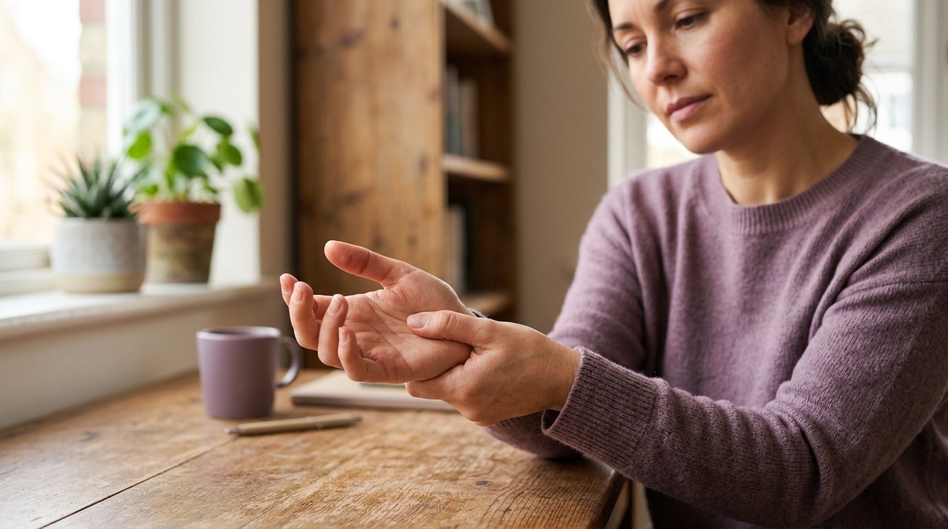Person som masserar sin handled och handledsveck vid ett skrivbord