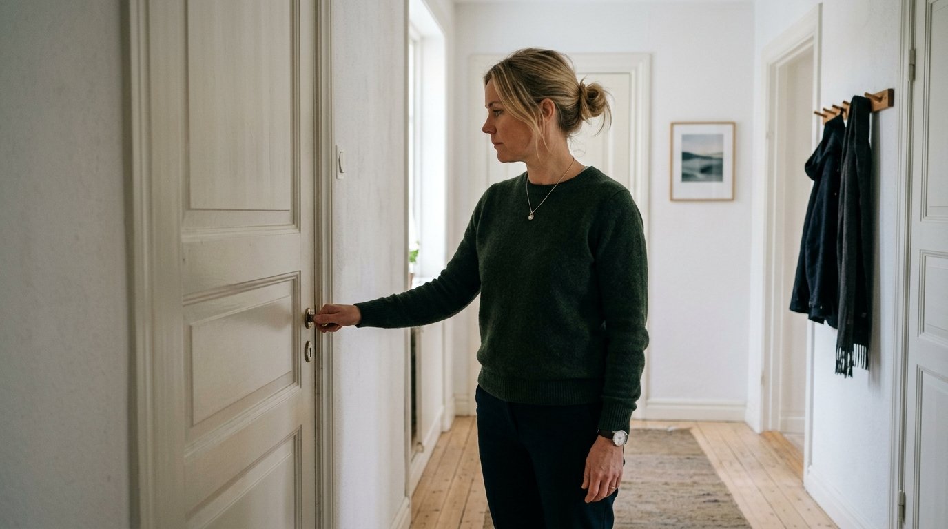 Person stands at a closed door with hand on the handle, looking hesitant but thoughtful in a calm Scandinavian hallway