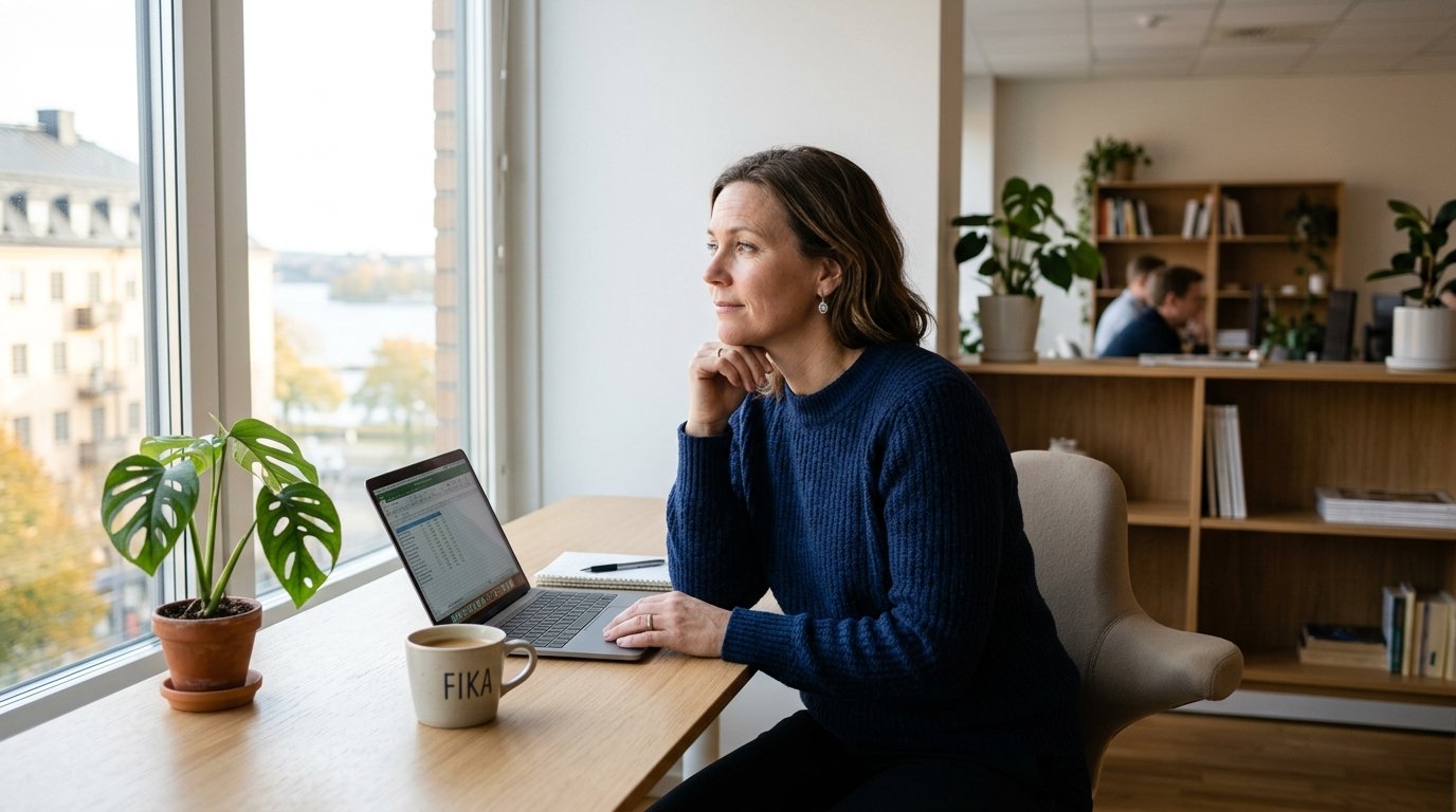 Kvinna vid kontorsskrivbord i ljust skandinaviskt rum, pausar och tittar ut genom fönstret