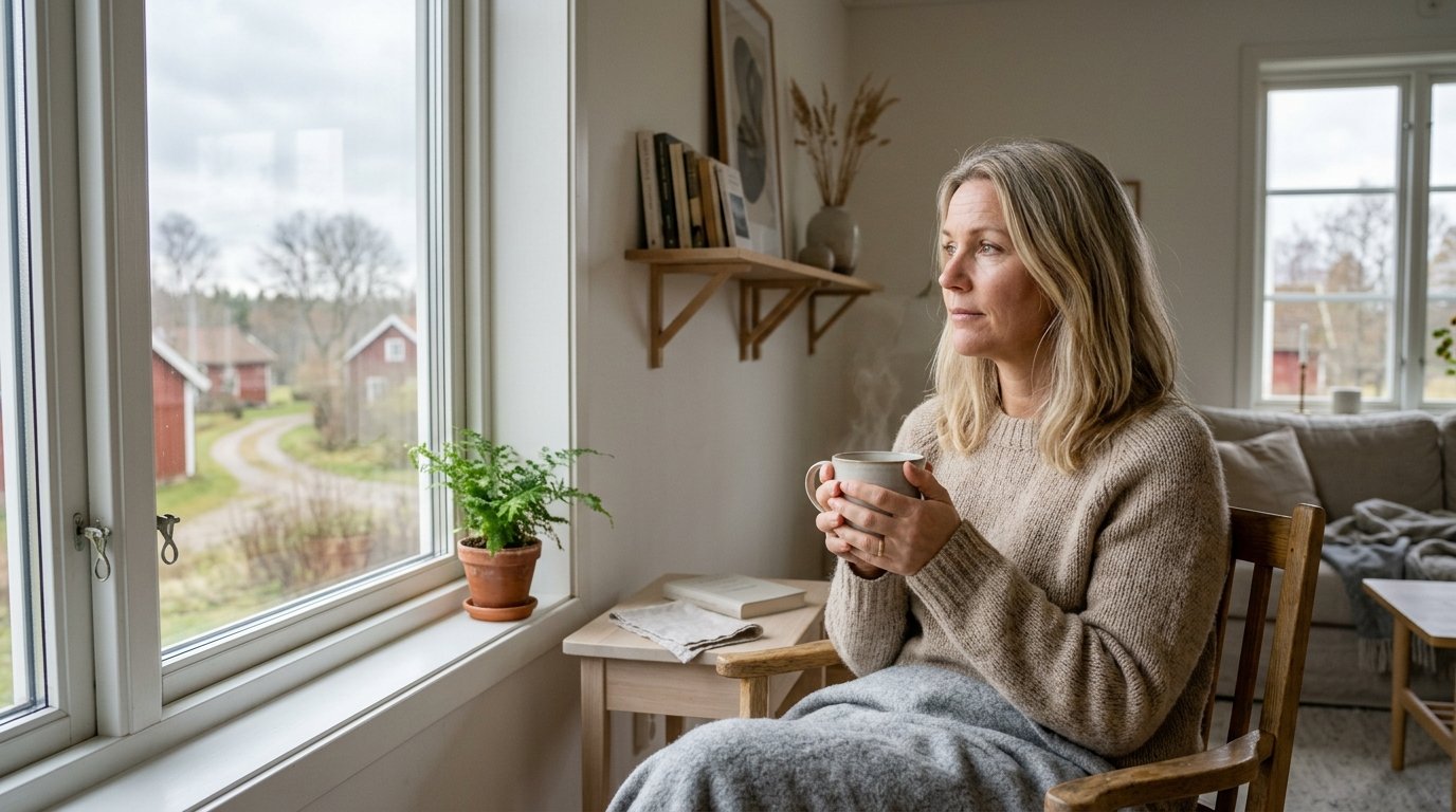 Person sitter vid ett fönster och tittar ut med en kopp te i händerna, tankfull men lugn