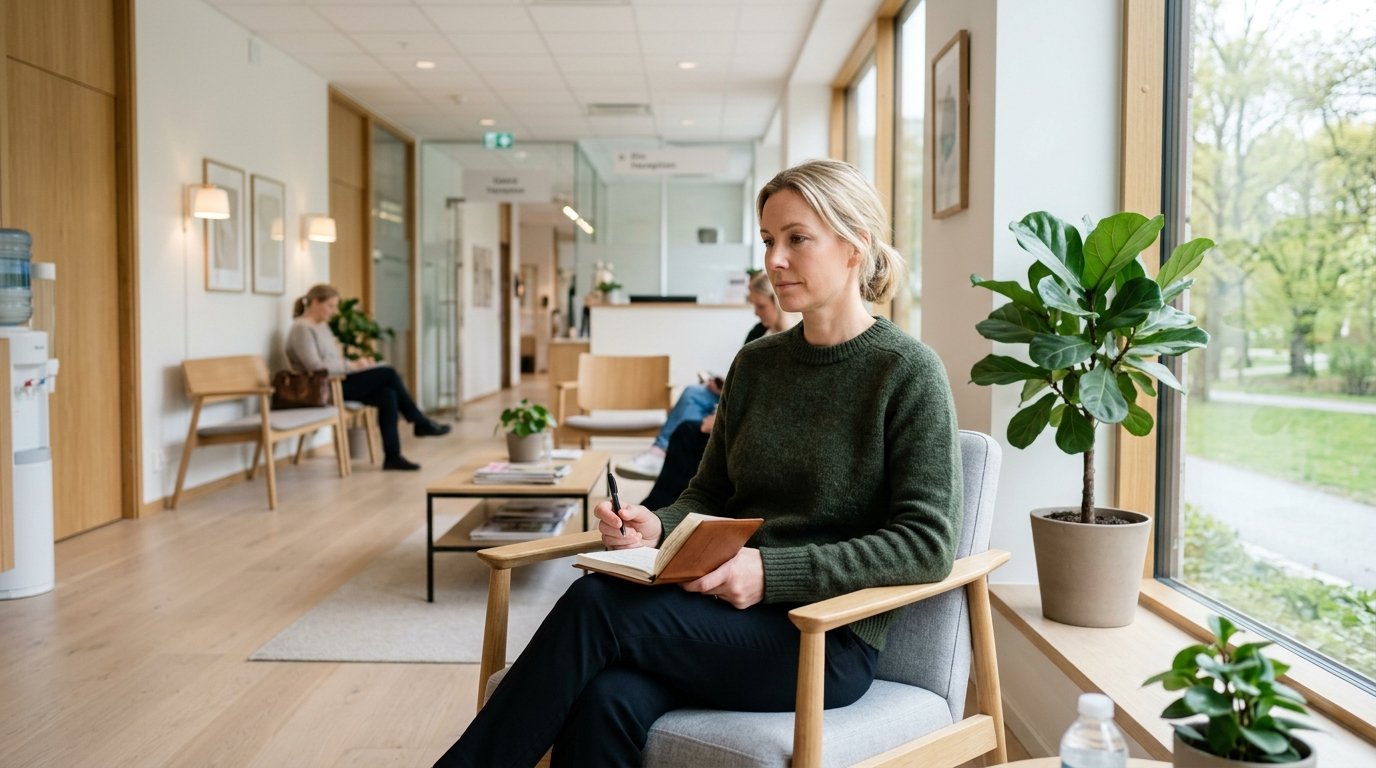 Person sitter i väntrum på vårdcentral och håller ett anteckningsblock