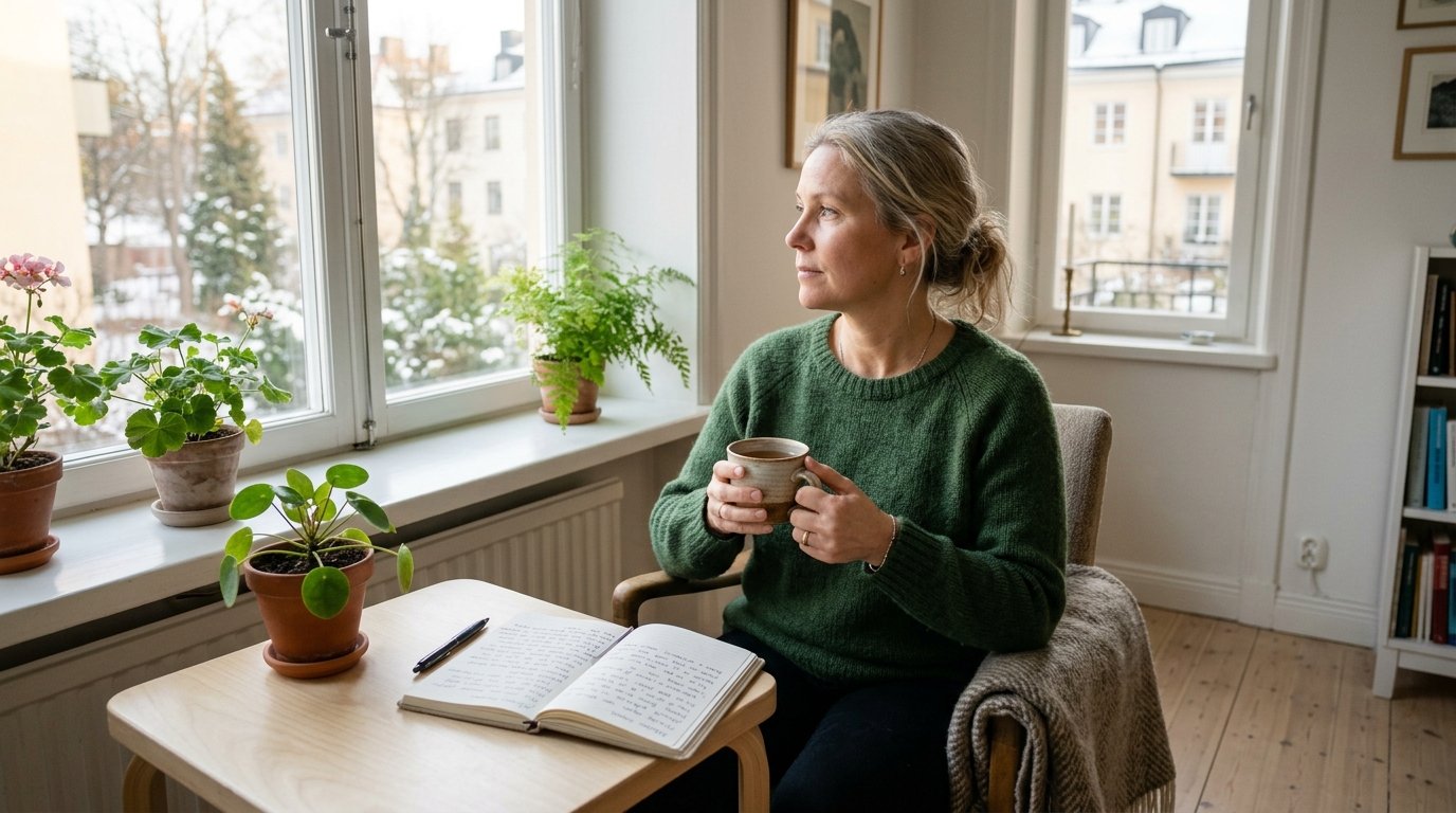 Person som sitter lugnt vid ett fönster i dagsljus och skriver i en journal om kronisk smärta