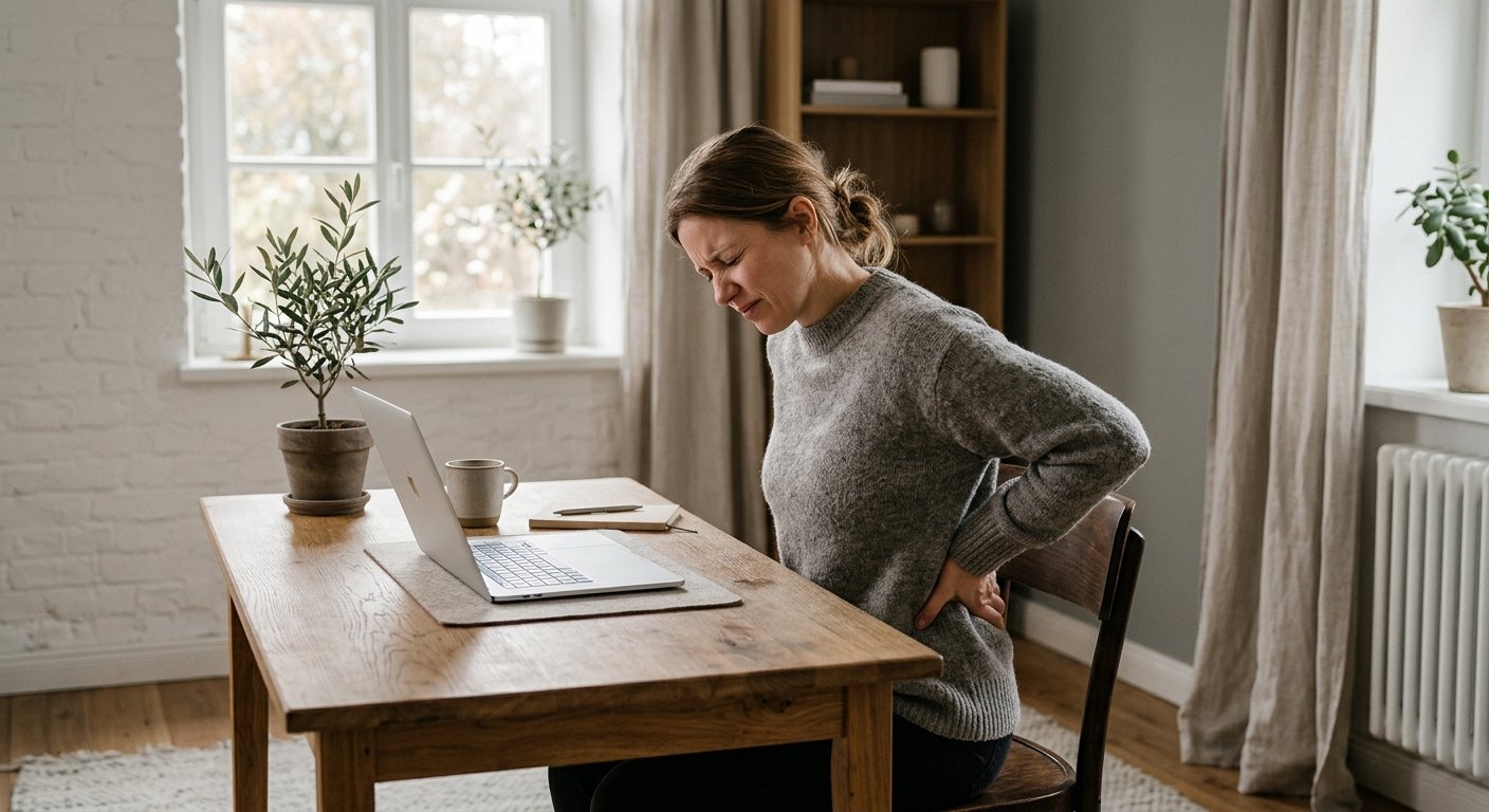 Person som sitter vid ett skrivbord och haller handen mot sin laendrygg med ett uttryck av obehag och trotthet