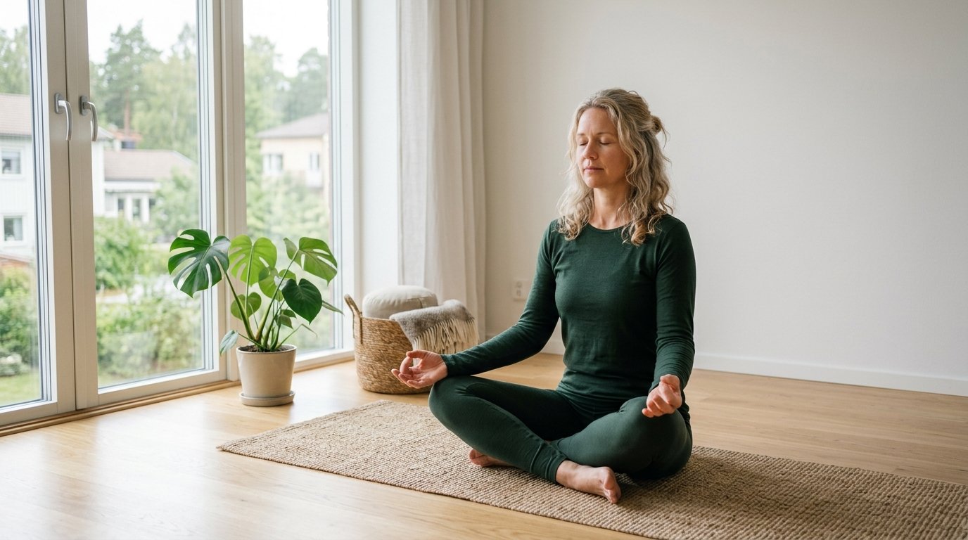 Person sitter i meditationsposition vid ett fönster med mjukt naturligt ljus och slutna ögon