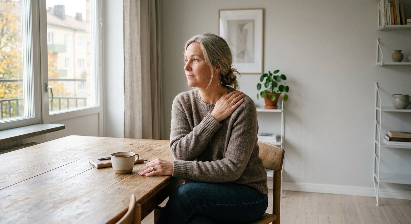 Person som sitter vid ett foenster och masserar sin axel med ett lugnt och tankfullt uttryck