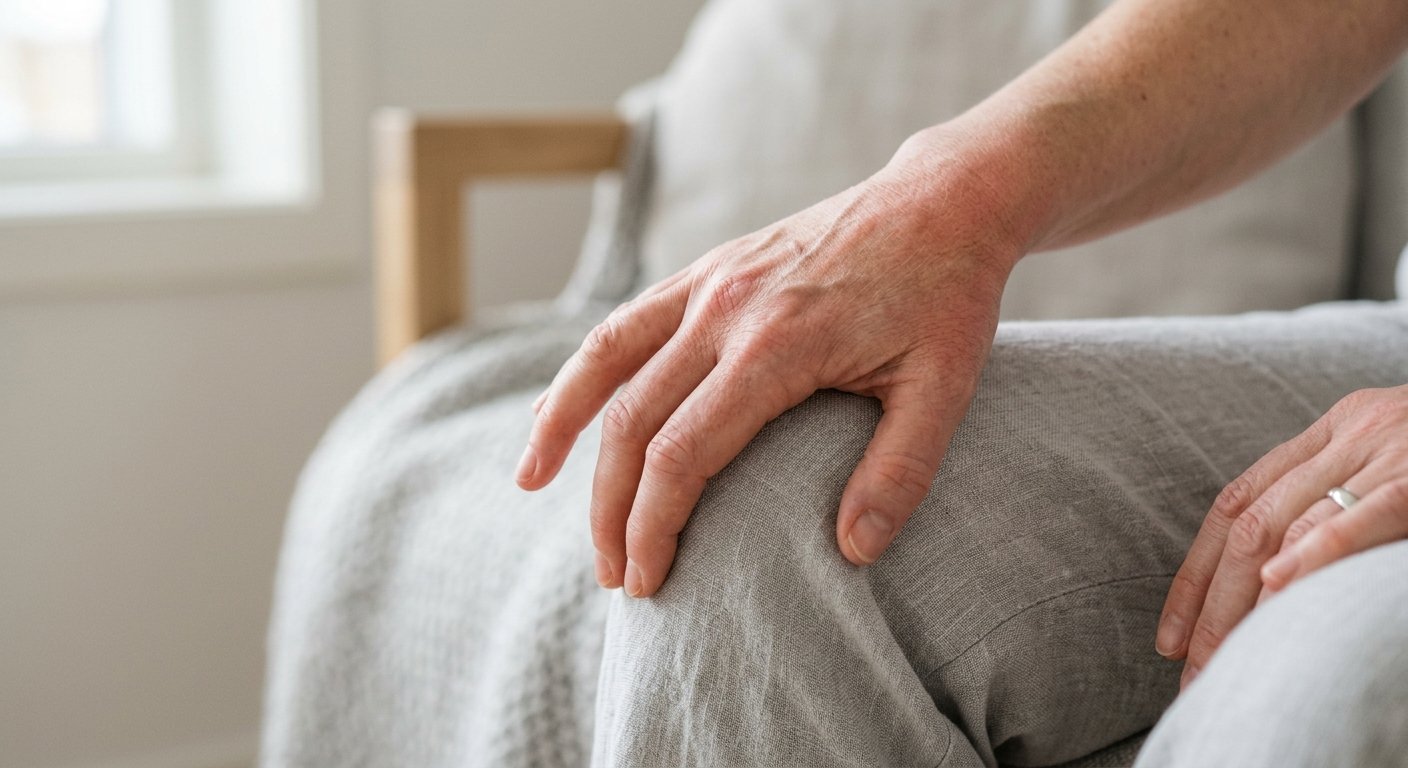 Narbild pa en hand som vilar mot ett kna med ett roligt rodnat omrade som symboliserar nociceptiv smarta och vavnadsskada