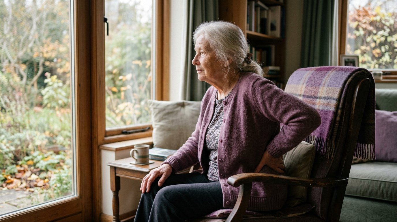 Aldre kvinna som sitter vid ett fonsterbord och haller handen mot sin rygg