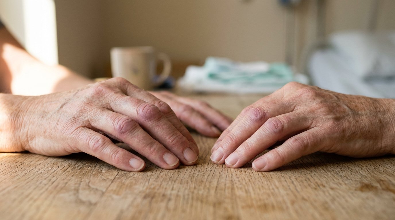 Naerbild pa hander med svullna leder mot en ljus bakgrund