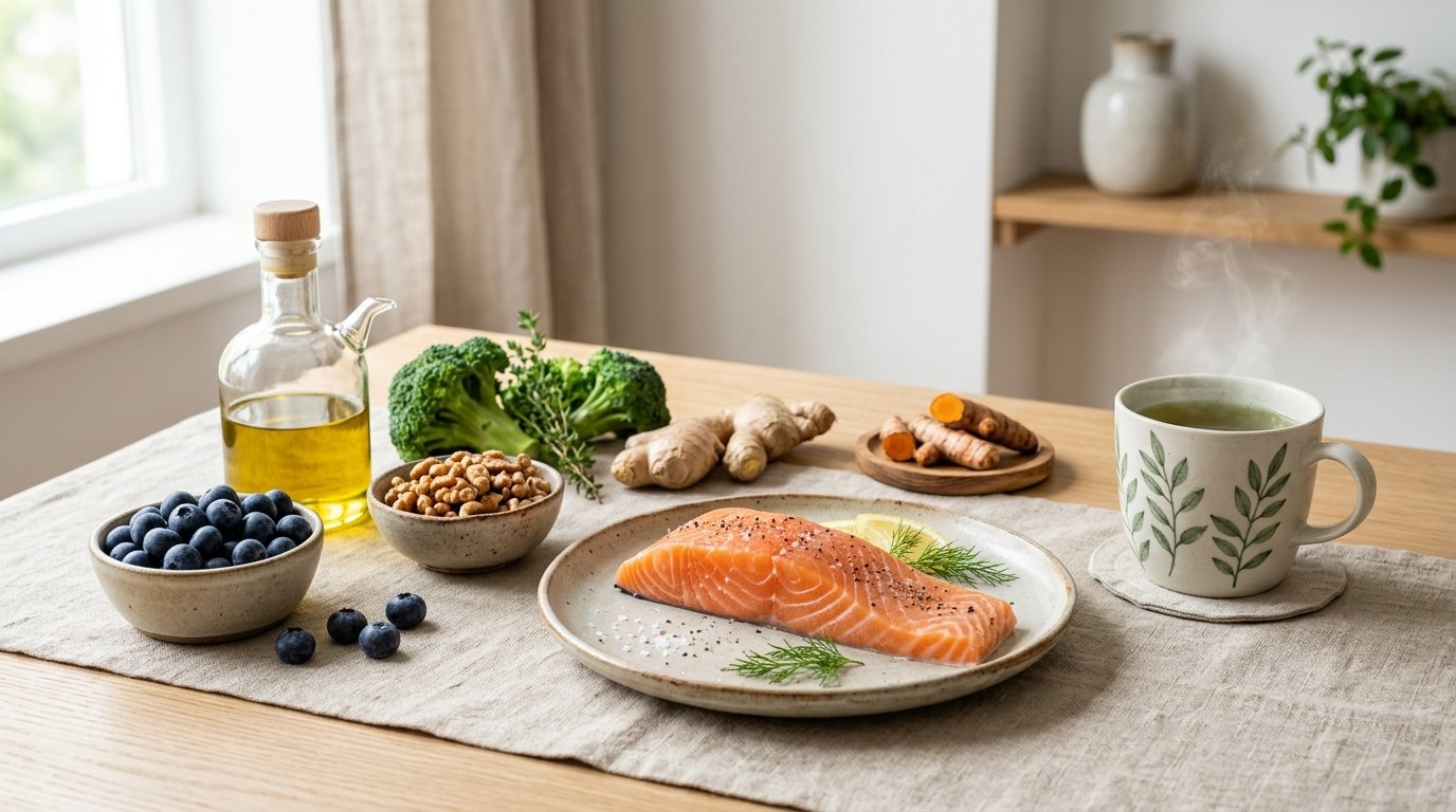 Antiinflammatoriska livsmedel: lax, grönsaker, bär och olivolja på ett nordiskt köksbord