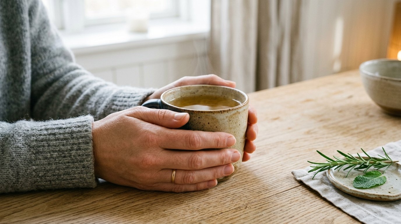 Närbild av händer som håller om ett varmt te-glas i ett lugnt Skandinaviskt kök med mjukt naturligt ljus