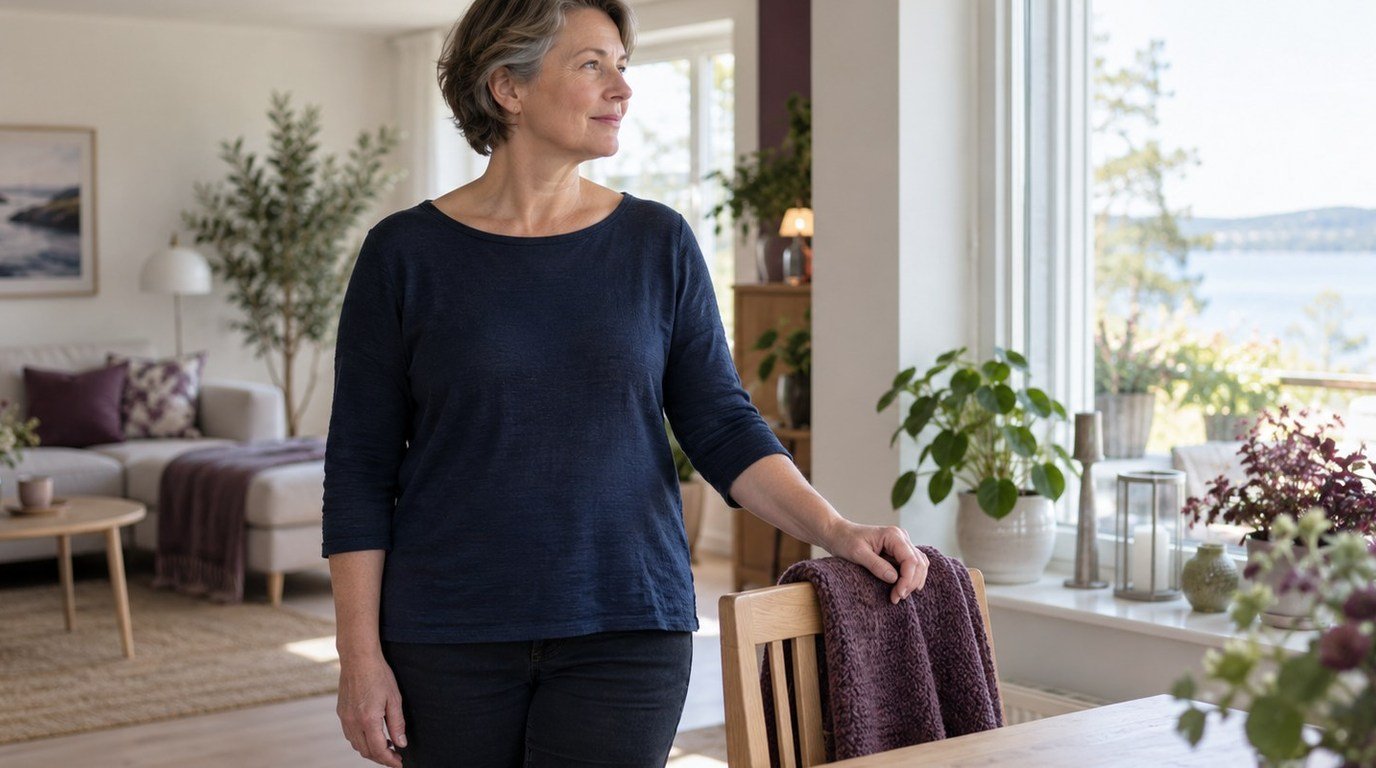 Kvinna i mörkblå tröja står bredvid en stol med ena handen på ryggstödet i ett ljust vardagsrum.