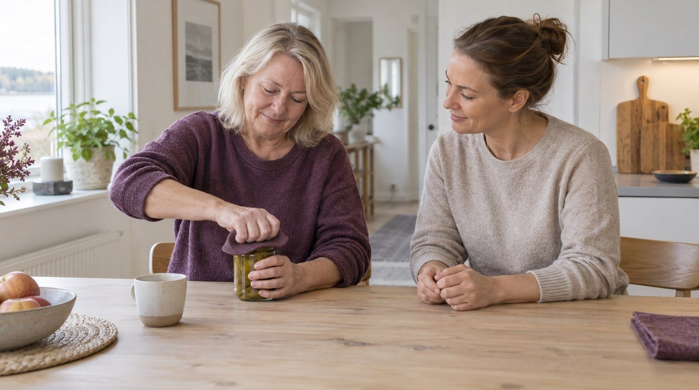 Gråhårig kvinna använder ett grepphjälpmedel för att öppna en burk med en arbetsterapeut bredvid sig vid köksbordet.