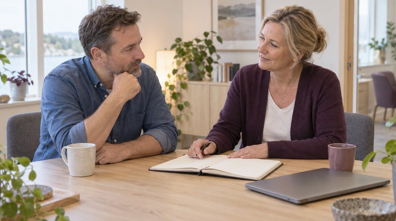 Man och chef diskuterar en planeringsbok vid ett skrivbord på kontoret.