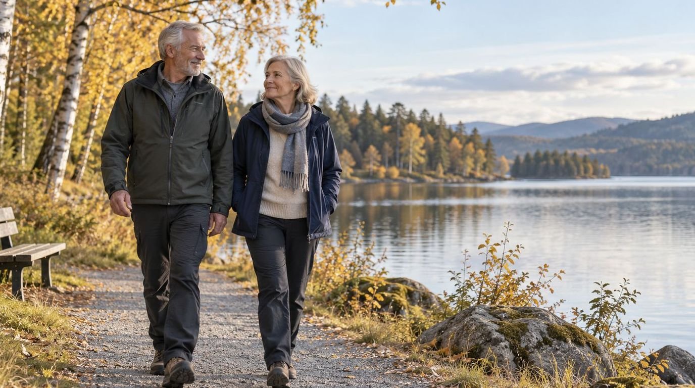 Äldre par går på en jämn stig vid en sjö bland höstträd.