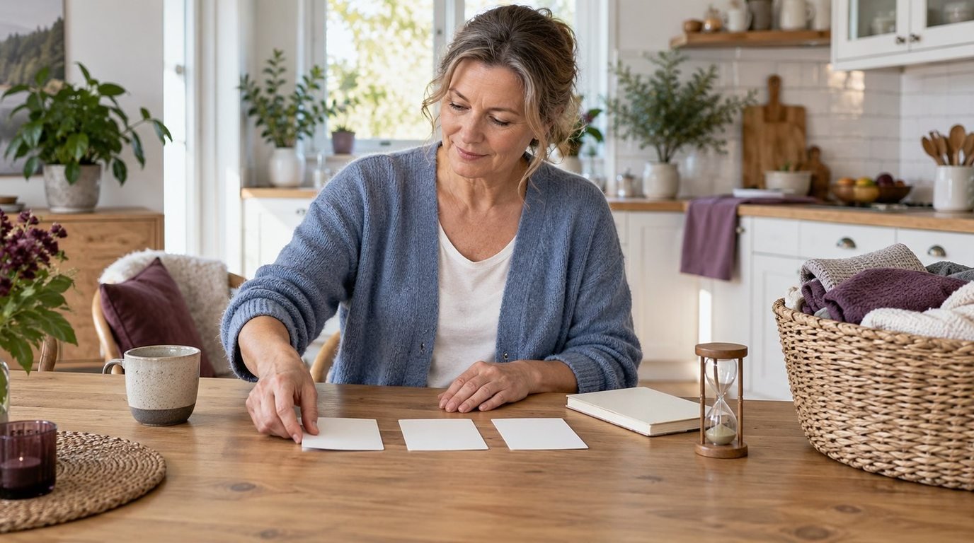 Kvinna i blå kofta ordnar tre kort vid ett timglas och en anteckningsbok på köksbordet, med vikt tvätt i närheten.