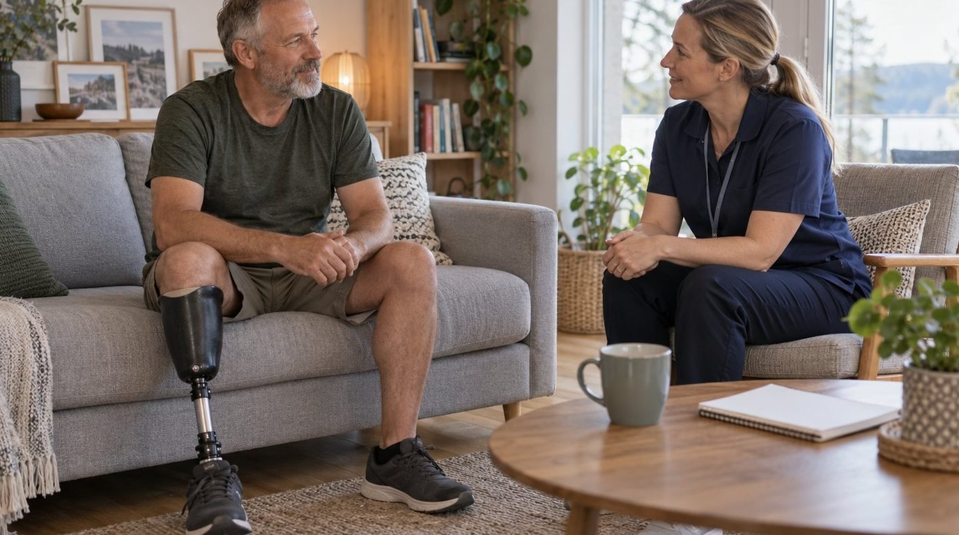 Man med underbensprotes samtalar med en person från rehabiliteringen i ett vardagsrum.