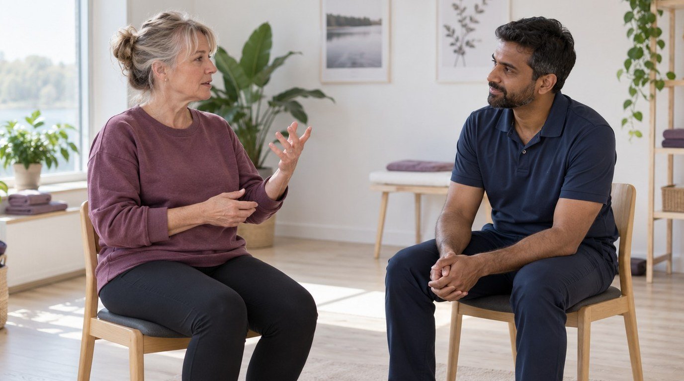 Kvinna och fysioterapeut sitter på varsin stol och samtalar om rörelse i vardagen.