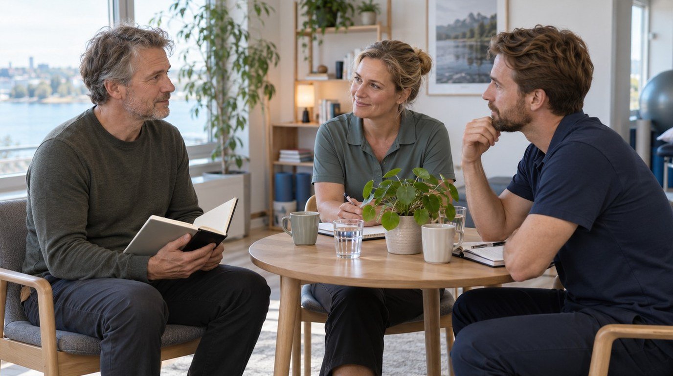 Man med en anteckningsbok samtalar med två rehabiliteringsprofessionella vid ett bord.
