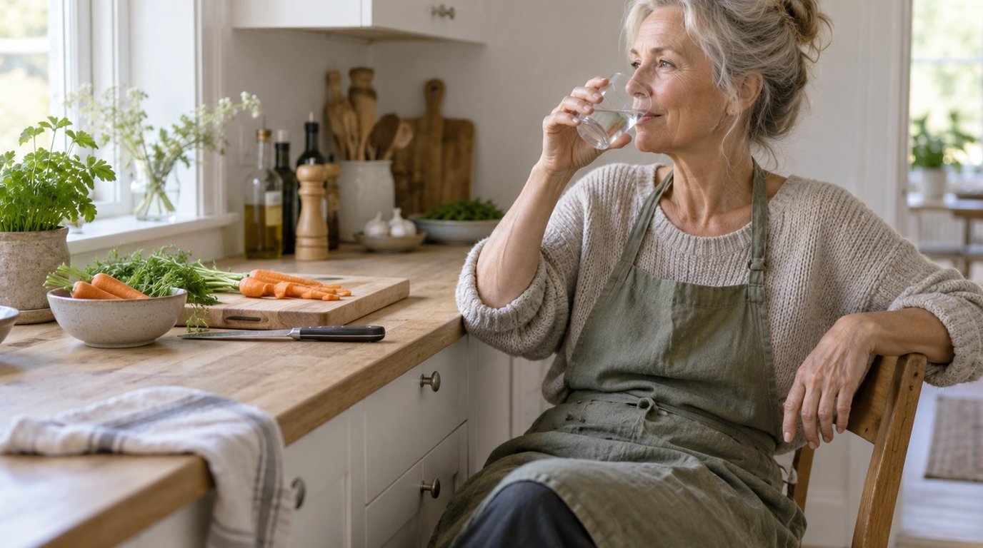 Kvinna tar en sittande paus med ett glas vatten under matlagning i ett ljust kök.