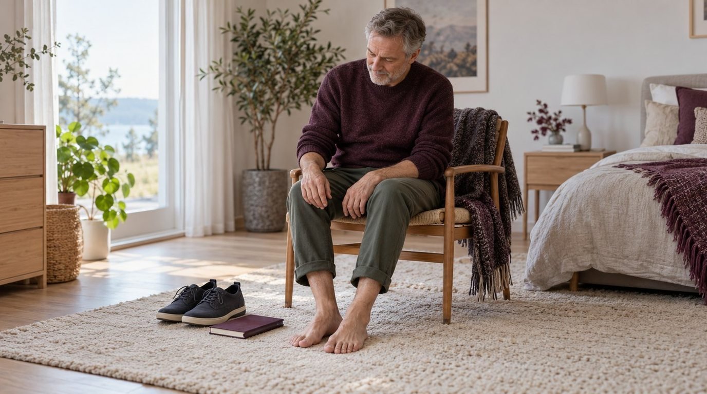 Äldre man sitter i ett ljust sovrum och ser på sina bara fötter med bekväma skor bredvid stolen.