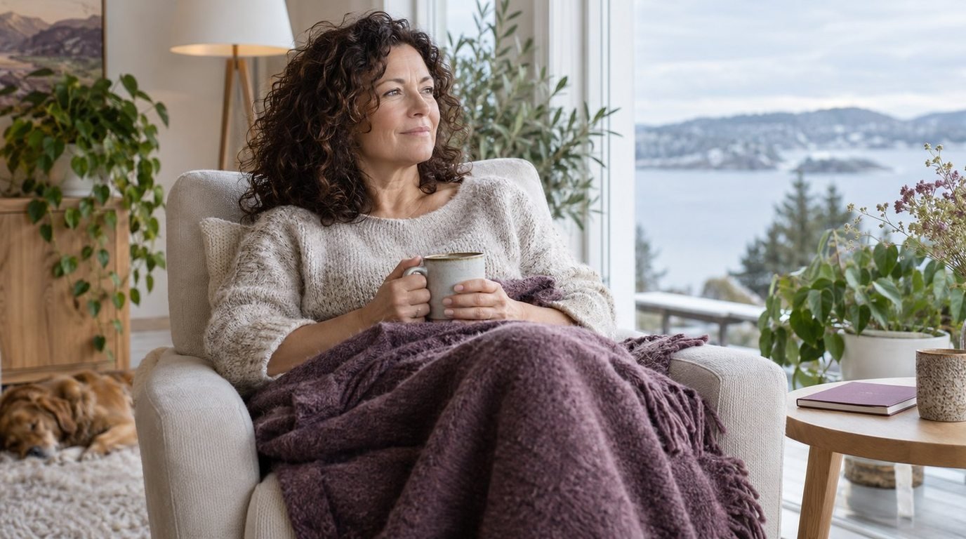 Kvinna vilar i en fåtölj med en filt och en mugg på sidobordet.