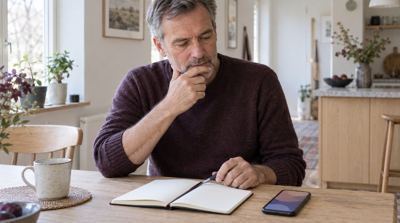 Man jämför en öppen anteckningsbok och en mobiltelefon vid ett träbord.