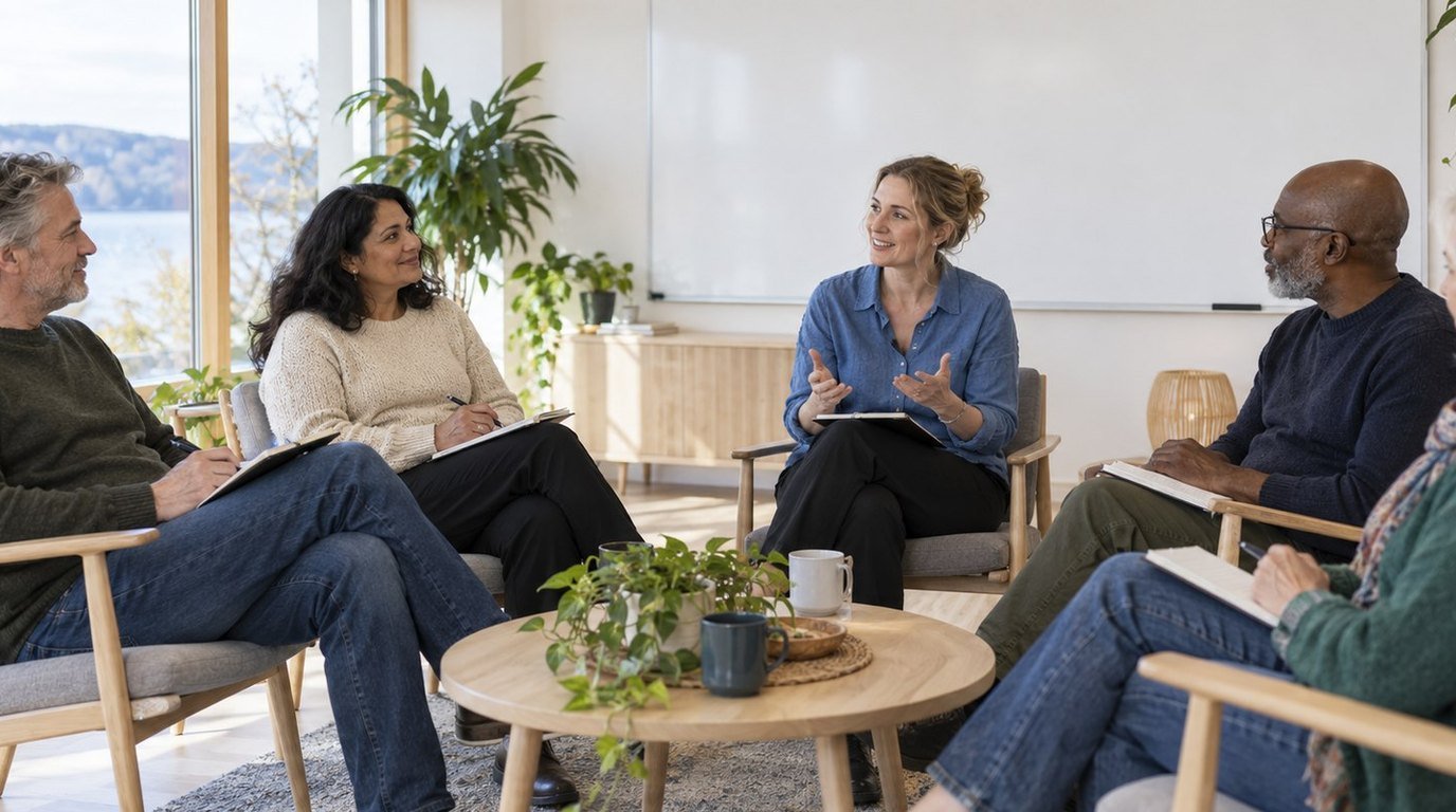 En liten grupp vuxna lyssnar på en kursledare med anteckningsböcker framför sig.