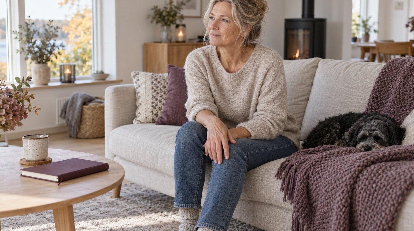 Kvinna i en soffa med en hand på knät och en anteckningsbok på bordet bredvid.